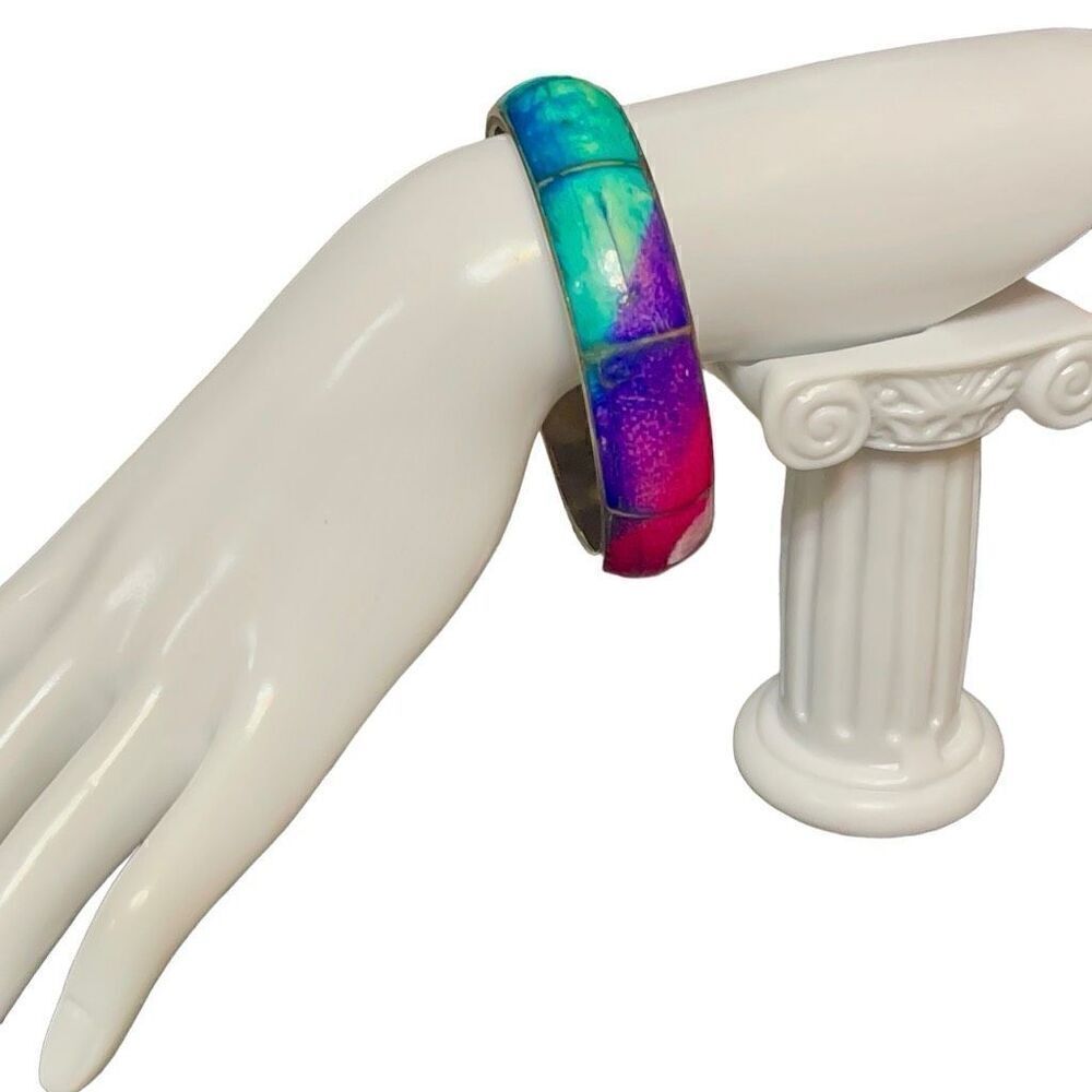 Vintage 70’s Style Vibe Chunky Brass Bangle Womens Casual Rainbow Boho Bracelet